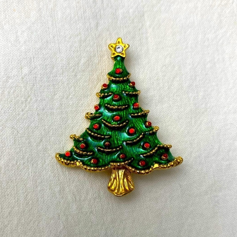 Christmas tree vintage brooch rhinestones gold with red bulbs #12